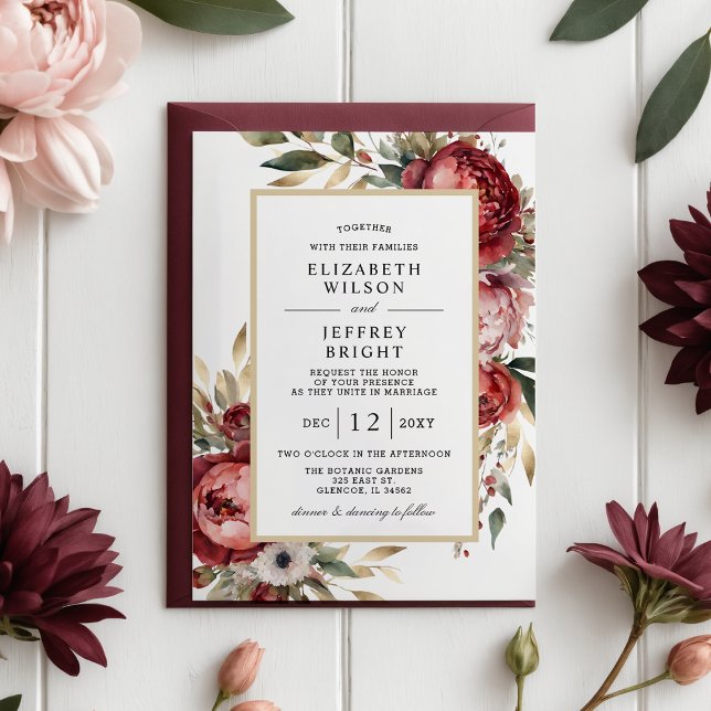 Invitación Elegante Boda floral Gold Burgundy Rubor (Elegant Gold Burgundy Blush Floral Wedding Invitation)