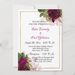 Invitación Elegante Boda Floral Gold y Rosas de Borgoña