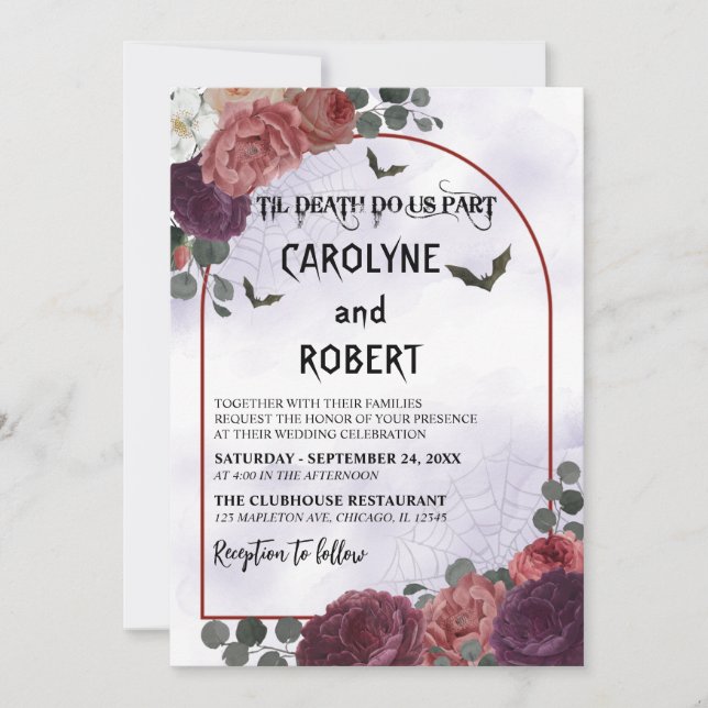 Invitación Elegante Boda floral gótica de Halloween (Anverso)