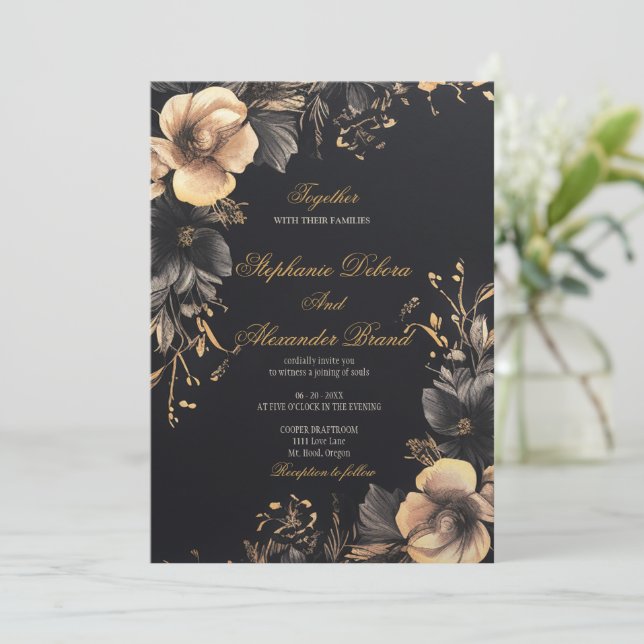 Invitación Elegante Boda floral gótico negro clásico oscuro (Anverso de pie)