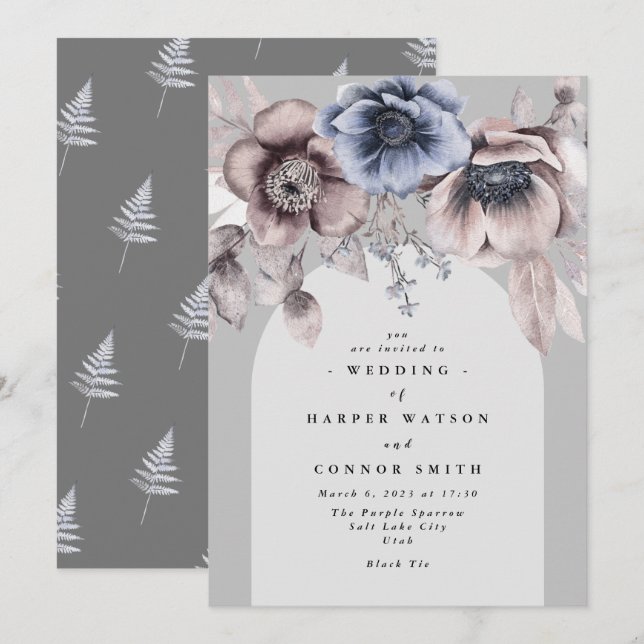 Invitación Elegante Boda Floral Gris de Invierno Ligero Arco (Anverso / Reverso)