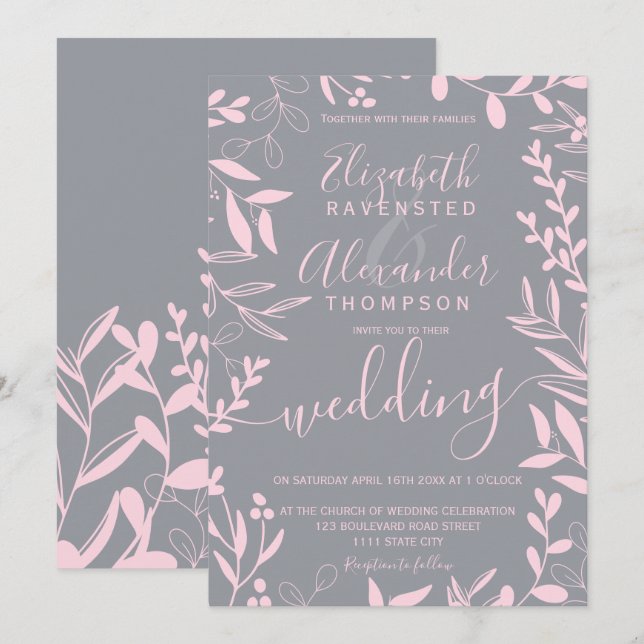 Invitación Elegante boda floral gris rosado y moderno (Anverso / Reverso)