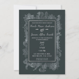 Invitación Elegante Boda floral gris y brillante plateado