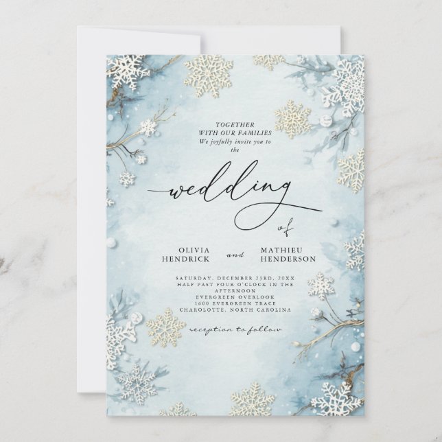 Invitación Elegante Boda Floral Icy Blue Winter (Anverso)