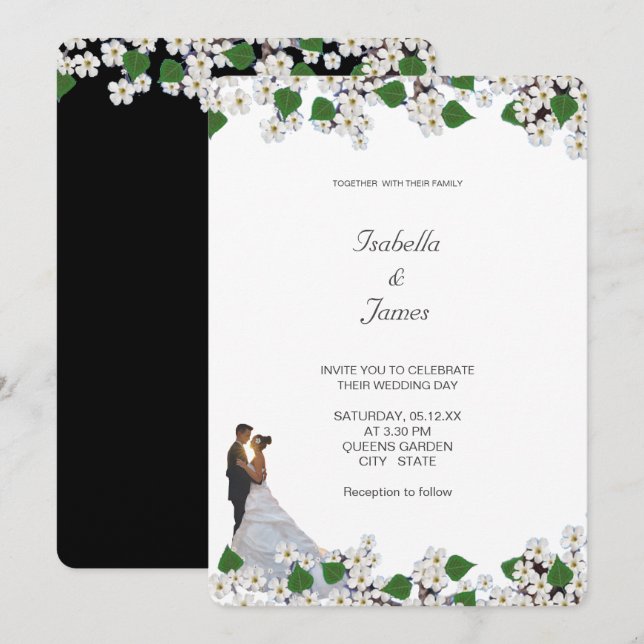 Invitación Elegante Boda floral jazmín blanco y negro (Anverso / Reverso)