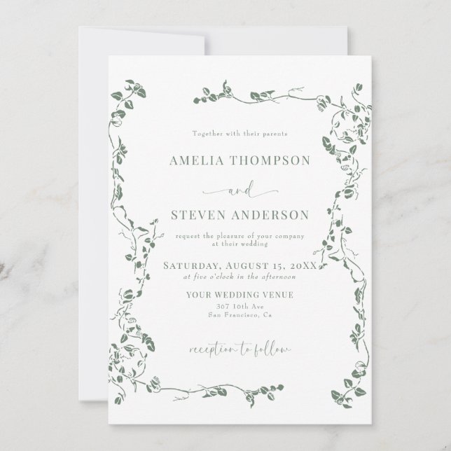 Invitación Elegante Boda Floral Leaf Classic (Anverso)