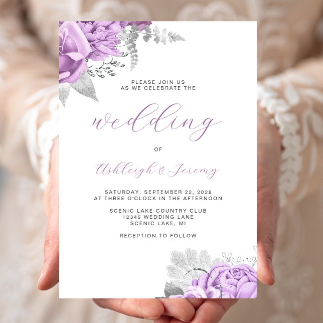 Invitación Elegante Boda Floral Lilac Silver Script (Subido por el creador)
