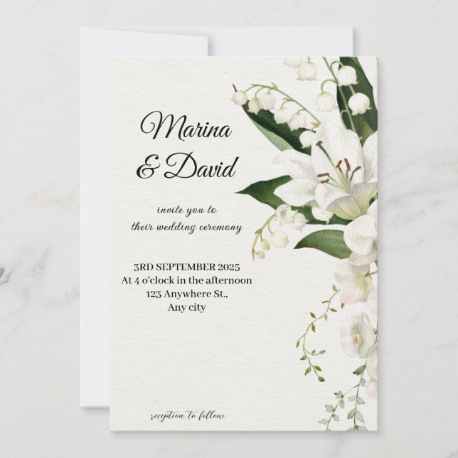 Invitación Elegante Boda Floral Lirio Blanco (Anverso)