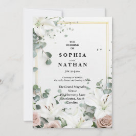 Invitación Elegante Boda Floral Lirio Blanco y Eucalyptus
