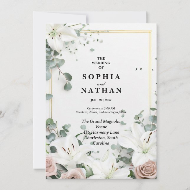 Invitación Elegante Boda Floral Lirio Blanco y Eucalyptus (Anverso)