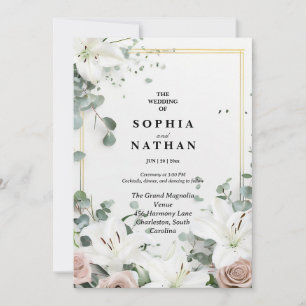 Invitación Elegante Boda Floral Lirio Blanco y Eucalyptus