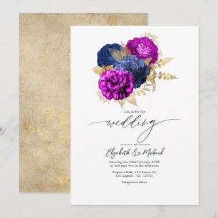 Invitación Elegante Boda Floral Magenta, Azul Marino y Dorado