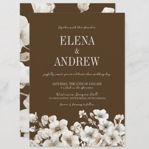 Invitación Elegante Boda floral marrón y blanco