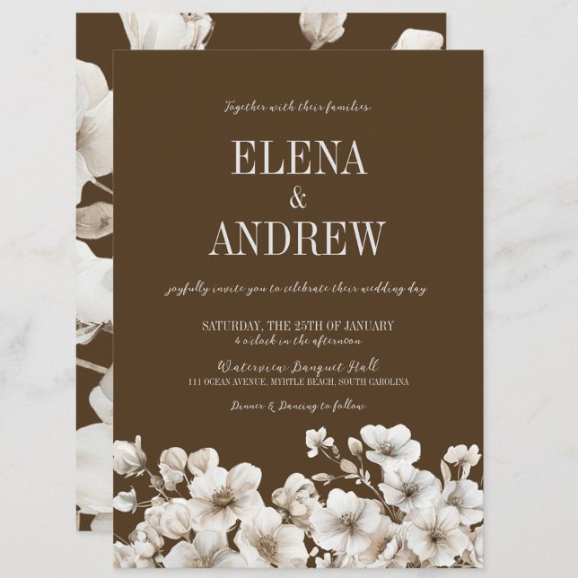 Invitación Elegante Boda floral marrón y blanco (Elegant Brown & White Floral Wedding Invitation, Winter Wedding, Fall Autumn, Love in Bloom)