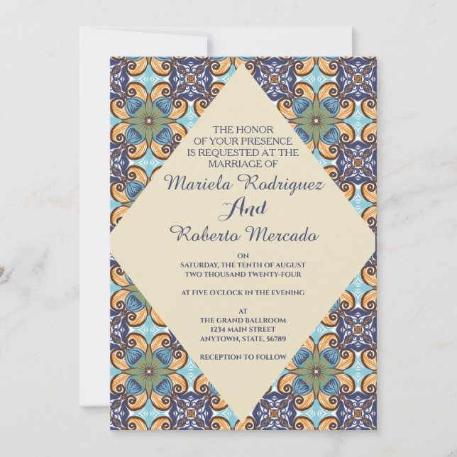 Invitación Elegante Boda floral mexicano Talavera Diamond (Anverso)