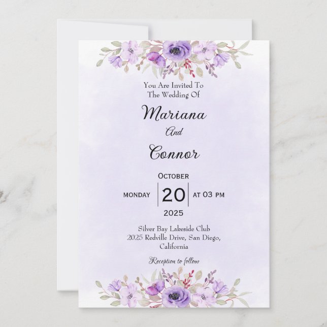 Invitación Elegante Boda floral Minimalista púrpura (Anverso)
