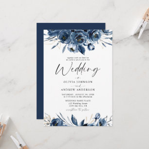 Invitación Elegante Boda Floral Moderna de Azul Marino y Plat