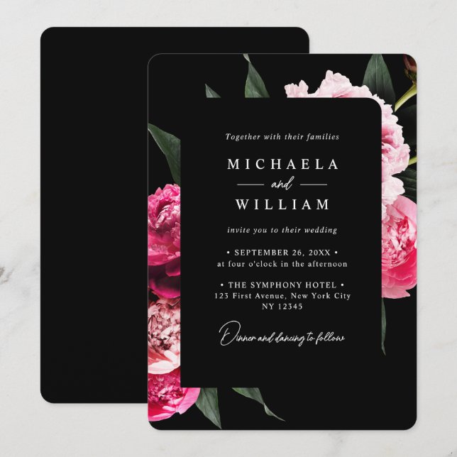 Invitación Elegante Boda floral moderno de lujo negro (Anverso / Reverso)