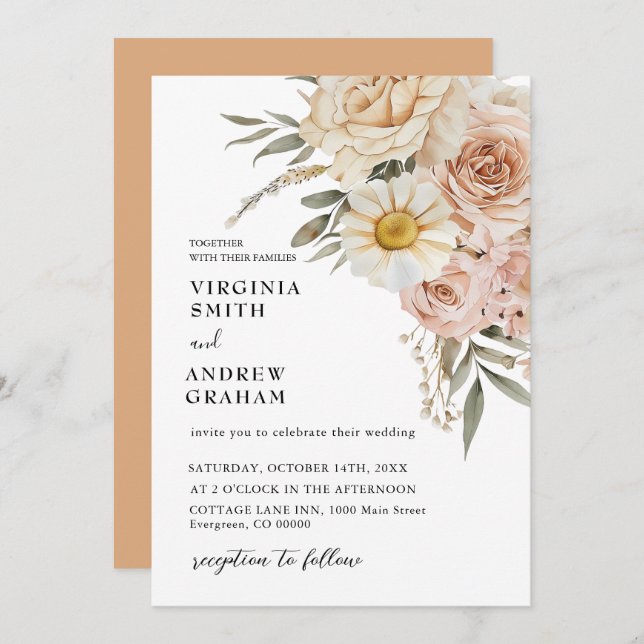 Invitación Elegante Boda floral moderno Terracotta Boho (Anverso / Reverso)