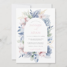 Elegante Boda Floral Monograma Azul Polvoriento