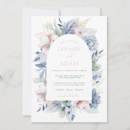 Invitación Elegante Boda Floral Monograma Azul Polvoriento