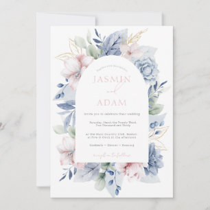 Invitación Elegante Boda Floral Monograma Azul Polvoriento