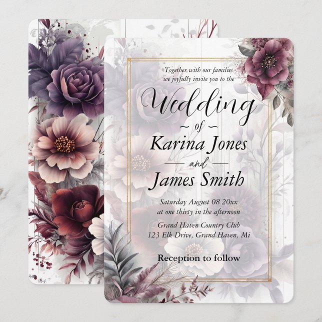 Invitación Elegante Boda floral morado, rosa y marrón (Anverso / Reverso)