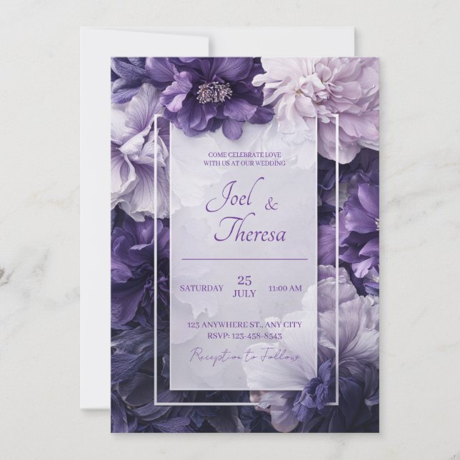 Invitación Elegante Boda floral morado y blanco (Anverso)