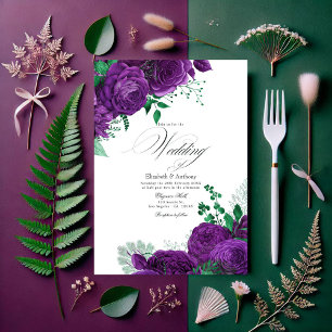 Invitación Elegante Boda floral morado y verde código QR