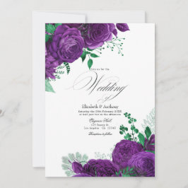Invitación Elegante Boda floral morado y verde código QR
