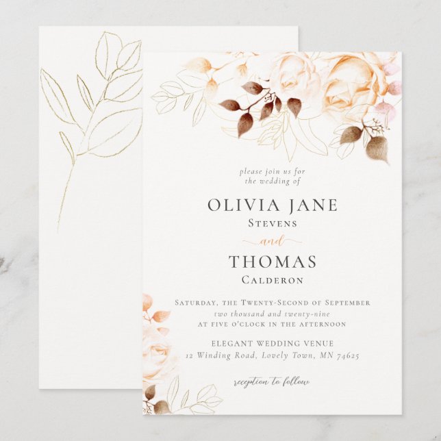 Invitación Elegante Boda floral Naranja quemado por caída (Anverso / Reverso)