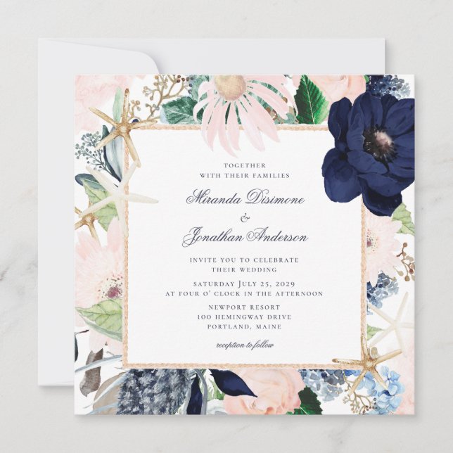 Invitación Elegante Boda floral náutico (Anverso)