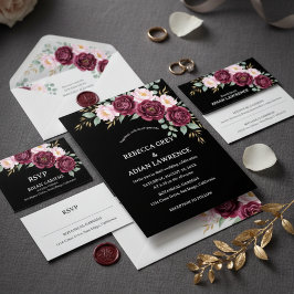 Invitación Elegante boda floral negra y rosa burdeos