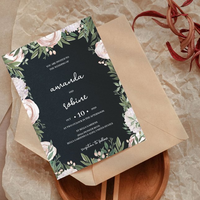 Invitación Elegante Boda floral negro (Subido por el creador)
