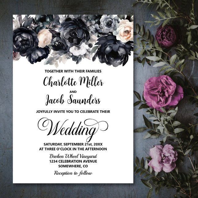 Invitación Elegante Boda floral negro (Subido por el creador)