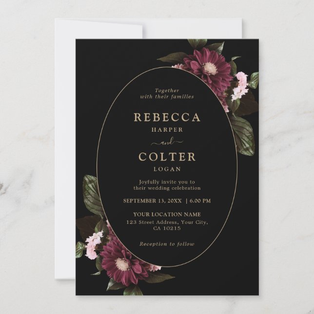 Invitación Elegante Boda floral negro de Borgoña (Anverso)