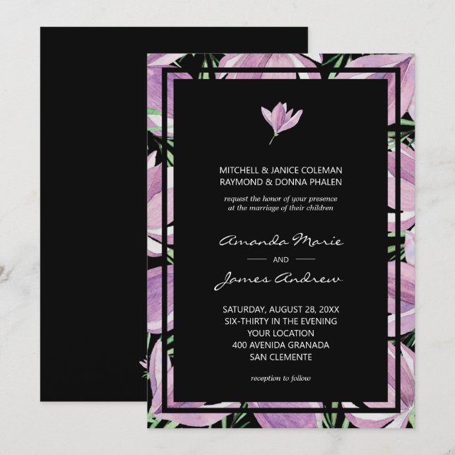 Invitación Elegante Boda floral negro morado (Anverso / Reverso)