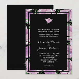 Invitación Elegante Boda floral negro morado