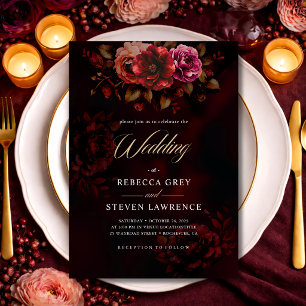 Invitación Elegante boda floral negro rojo
