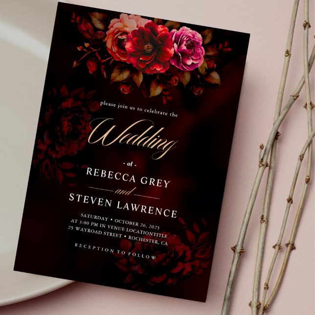 Invitación Elegante boda floral negro rojo (Subido por el creador)