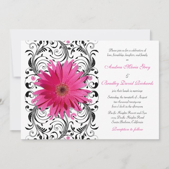 Invitación Elegante Boda floral negro rosado de margarita (Anverso)