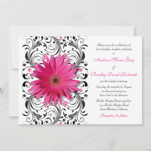 Invitación Elegante Boda floral negro rosado de margarita