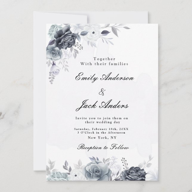 Invitación Elegante boda floral negro simple (Anverso)