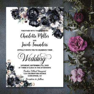 Invitación Elegante Boda Floral Negro Smokey