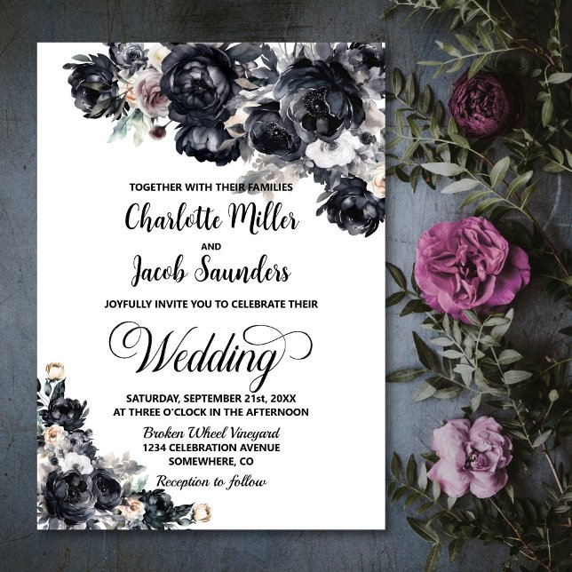 Invitación Elegante Boda Floral Negro Smokey (Subido por el creador)