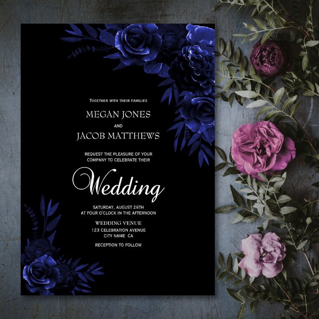 Invitación Elegante Boda floral negro y azul (Subido por el creador)