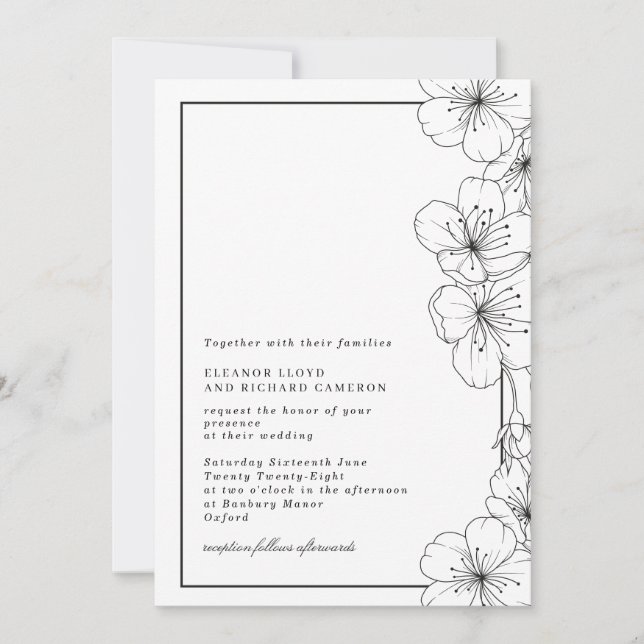 Invitación Elegante Boda floral negro y blanco (Anverso)