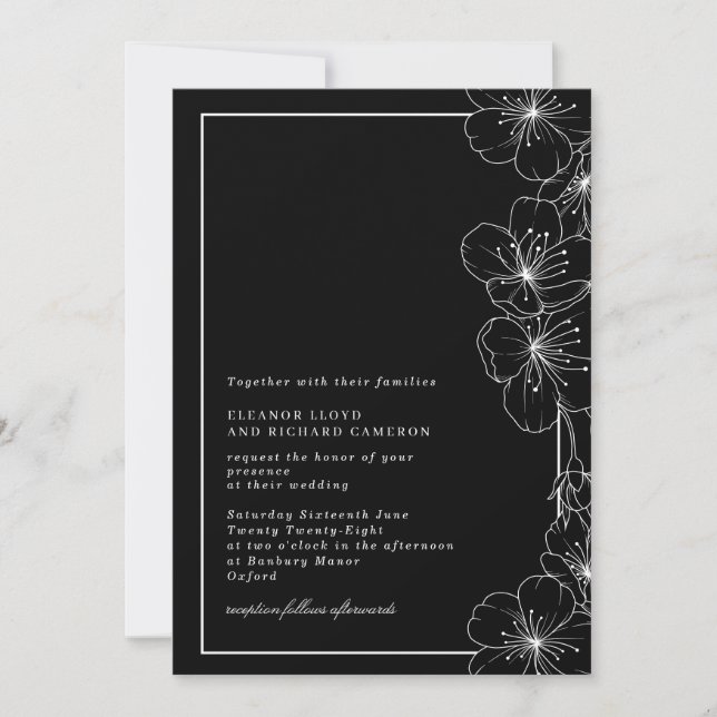 Invitación Elegante Boda floral negro y blanco (Anverso)