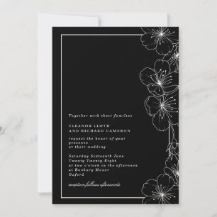 Invitación Elegante Boda floral negro y blanco