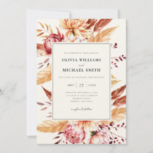 Invitación Elegante Boda floral negro y castaño Boho